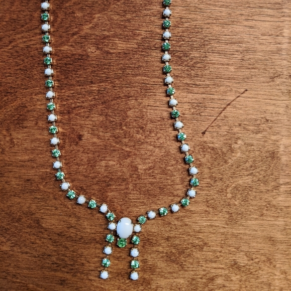 Vintage Milk Glass & Green Rhinestone Necklace - Picture 3 of 7